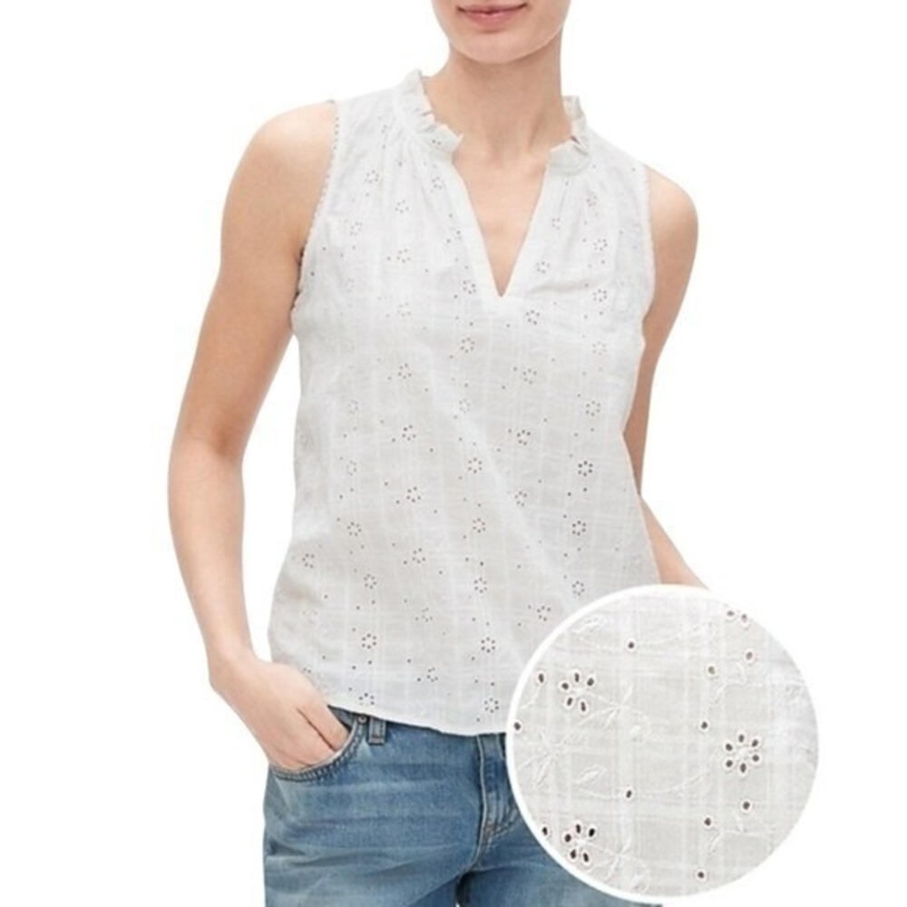 GAP Womens White Eyelet Floral Ruffle V-Neck‎ Sleeveless Top Large Plaid Texture